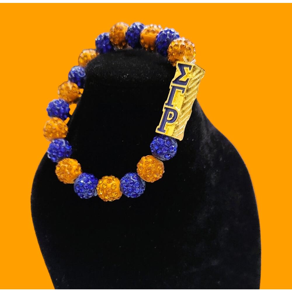 Sigma Gamma Rho‎ Bracelet Blue and Gold Rhinestone Pearls with Logo Block